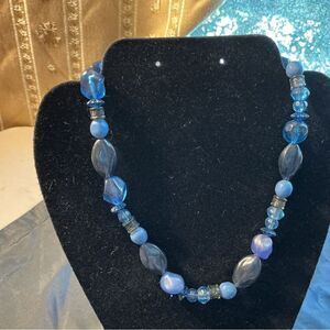 Blue Beaded Necklace with Silvertone Lobster Claw Clasp